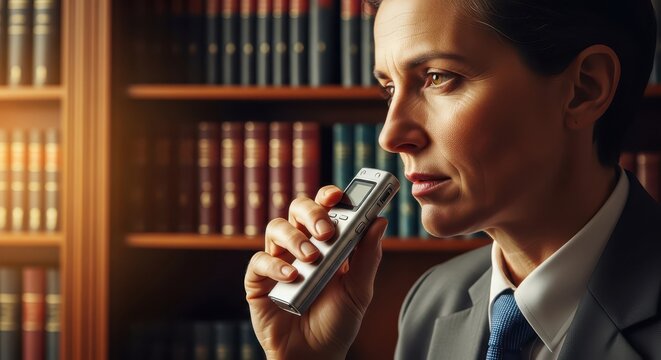 Executive Dictating Notes Into A Digital Recorder In An Office Library