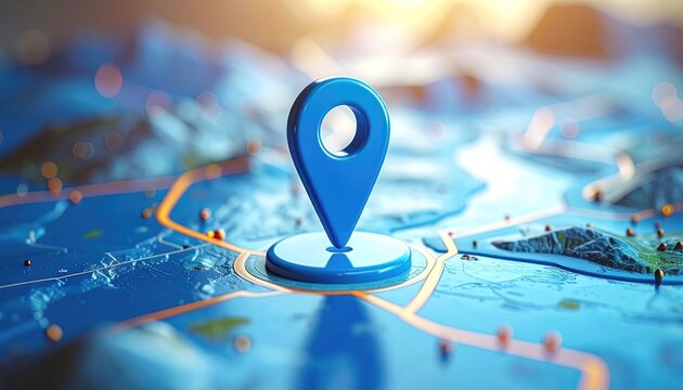 Blue GPS pin marker on a stylized map with roads and landscape, location concept