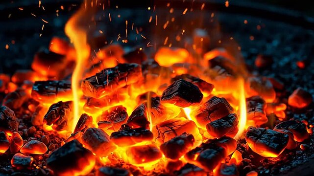 Macro Ember Dance: Glowing Particles on Charcoal Surface