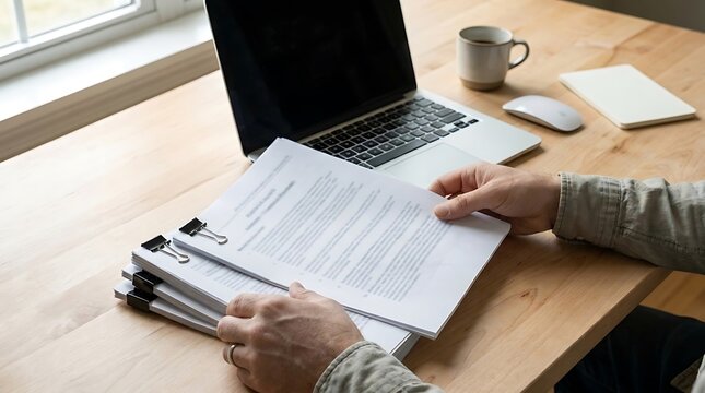 Person reviewing printed business documents with black binder clips on desk