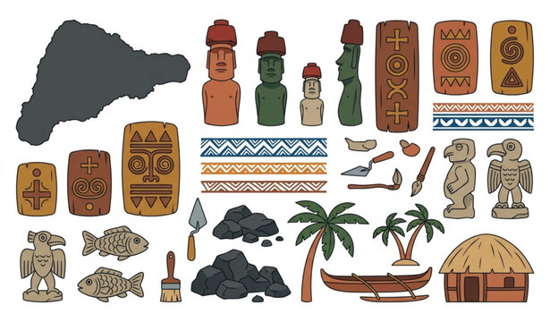 Rapa Nui culture vector set including Moai statues, ancient tablets, local nature, and Polynesian ornaments