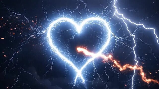 A glowing heart shape formed by bright electric lightning bolts against a dark background