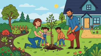 Fototapeta premium Happy smiling family of parents and children planting young tree together in sunny suburban front yard with shovel watering can new home garden bonding activity vector illustration