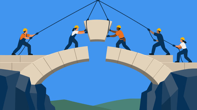 Dedicated multicultural team of builders and engineers collaboratively lifting massive keystone into place on grand stone arch bridge spanning dramatic rocky canyon gap vector illustration