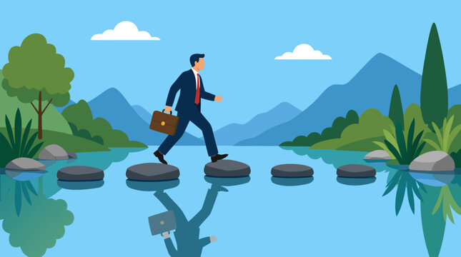 Dynamic vector illustration of a suited businessman stepping across stones over a calm reflective pool carrying a briefcase with mountains trees and clear sky symbolizing career progress balance and