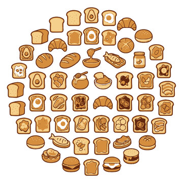 Assorted Breakfast Foods Circle - Toast, Croissants, Eggs, Honey, Avocado, Jam