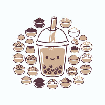Cute Boba Tea Cup Surrounded by Toppings, Kawaii Drink Illustration
