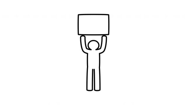 Minimalist outline animation of a single activist person standing and holding a blank protest placard board drawing on and fading out. Features 3 color setups.