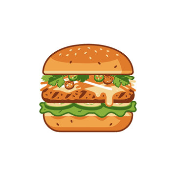 Gourmet Chicken Burger with Fresh Toppings and Melted Cheese, Isolated on White