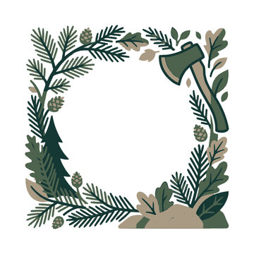 Forest Frame with Axe, Pinecones, and Fir Tree Branches - Nature Border Design