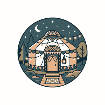 Cozy yurt at night with string lights, crescent moon, stars, and forest background.