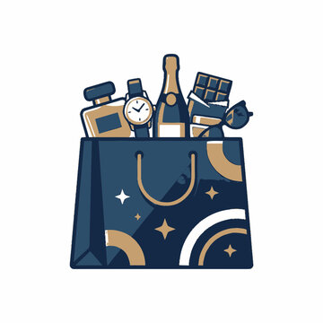 Luxury Shopping Bag Filled with Gifts: Perfume, Watch, Champagne, Chocolate, Sunglasses