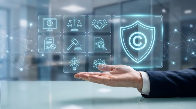Corporate legal compliance and intellectual property security concept showing businessman presenting glowing copyright shield interface