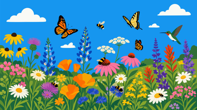 Colorful wildflower meadow buzzing with butterflies bees and hummingbird under bright blue sky with fluffy clouds in lush green field vibrant vector illustration for nature spring summer landscape