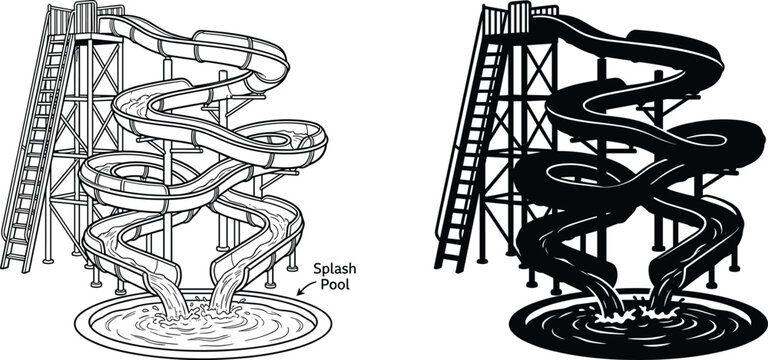 Water park spiral water slide vector illustration with colorful winding tubes splash pool and ladder isometric 3D concept on white backgroundWater park spiral water slide vector illustration with colo
