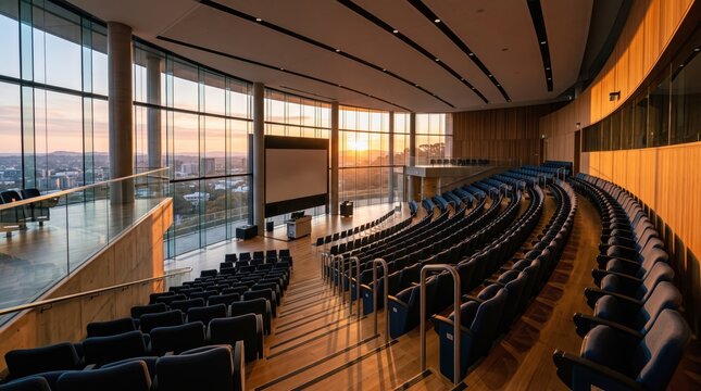 Modern university auditorium with panoramic windows and empty stage at sunset. Concept of academic events, higher education, conferences and public presentations.