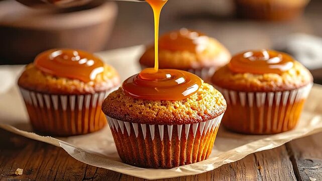 Golden caramel sauce is poured over a fresh baked muffin on a rustic wooden table surface