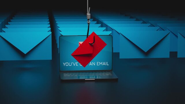 Email caught on a fishing hook, phishing scam and cybercrime concept