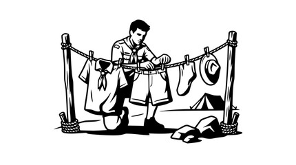 Scout drying laundry on clothesline at campsite with tent and hat © Akun