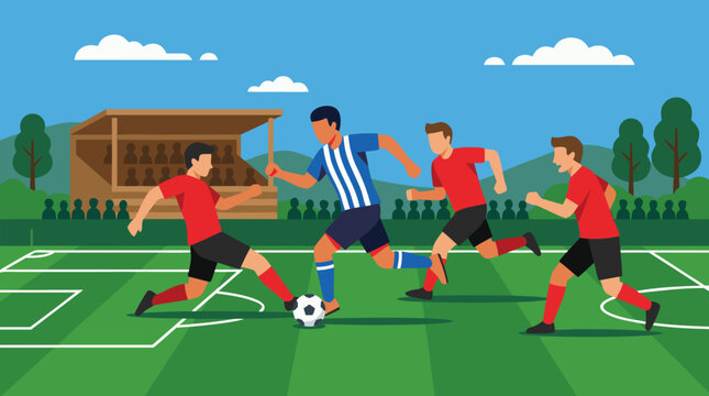 Dynamic soccer player in blue striped jersey skillfully dribbling football past multiple red-shirted defenders on vibrant green turf field with stadium crowd background