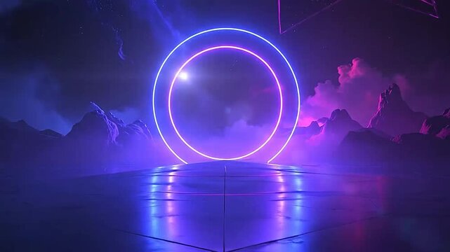 A glowing neon circular portal stands above a dark stage in a mysterious landscape