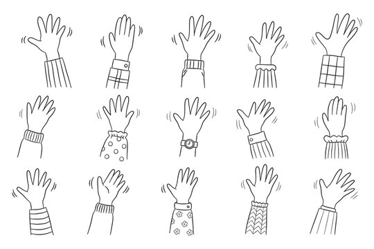 Waving Hand Doodle Collection Hand Drawn Goodbye Gesture Set with 15 Friendly Greeting and Farewell Hand Illustrations Vector