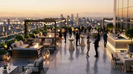Obraz premium Blurred rooftop lounge city skyline sunset luxury social event party bar outdoor terrace evening atmosphere bokeh lights high end hospitality