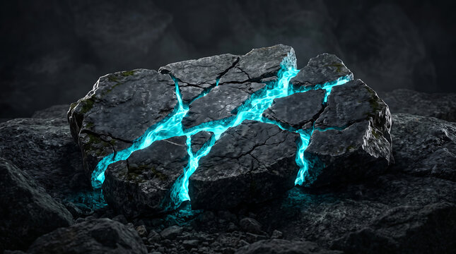 Cracked rock stone with glowing blue magical energy fissures inside dark mountain landscape background for fantasy game design projects