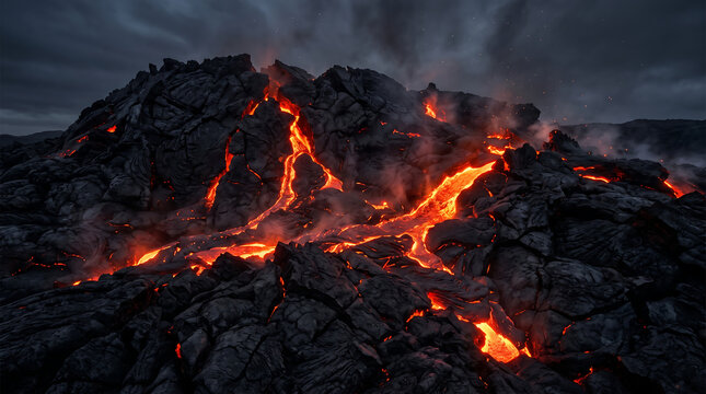 Volcanic lava flow erupting over dark cooling rocks with glowing molten fire streams under a dramatic cloudy night sky landscape