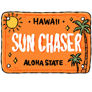 Colorful Hand Drawn Hawaiian License Plate Template Collection with Tropical Surf Summer Design