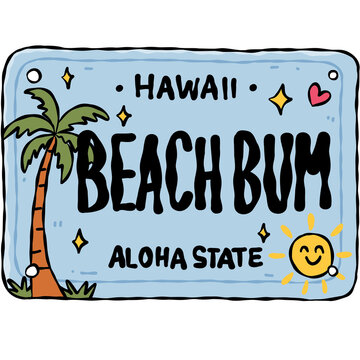 Colorful Hand Drawn Hawaiian License Plate Template Collection with Tropical Surf Summer Design