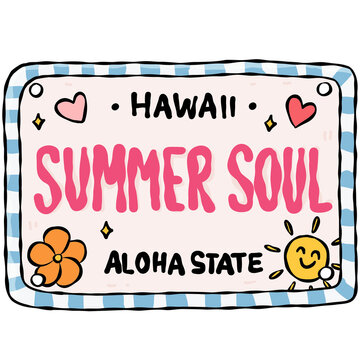 Colorful Hand Drawn Hawaiian License Plate Template Collection with Tropical Surf Summer Design