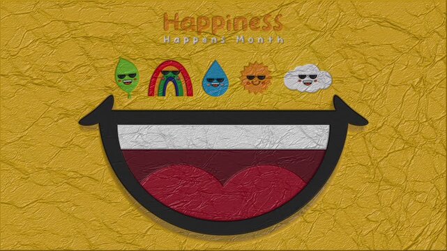 Happiness happens month animation concept with big smile and cute nature characters on yellow crumpled paper texture background