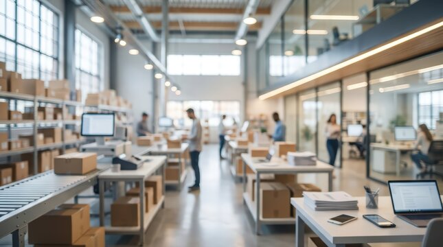 Modern logistics warehouse office distribution center fulfillment facility supply chain management team working industrial workspace commercial shipping