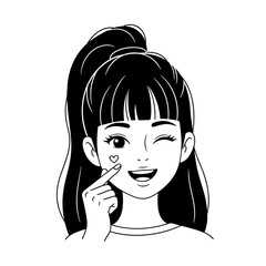 Smiling girl with long hair winking and pointing to heart on cheek