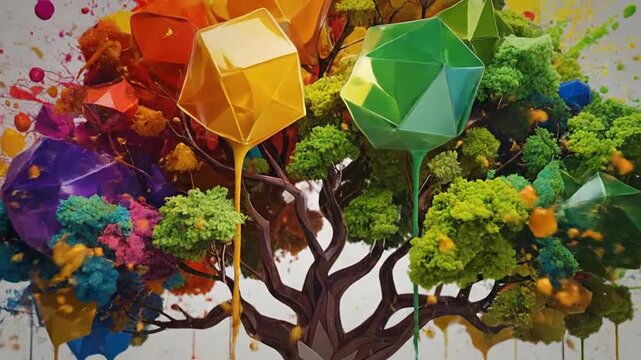 A vibrant artistic tree featuring geometric shapes and colorful paint drips on a neutral background