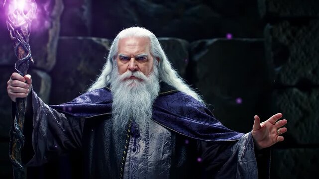 Old wizard casting magic spell with glowing staff