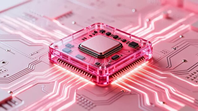Pink circuit board with central chip