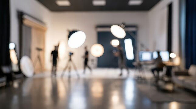 Photography studio background blurred professional film production set interior light equipment softbox tripod creative media workspace