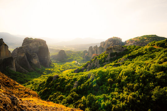 The monastery Meteora. Rocky monasteries complex in Greece near Kalabaka city. Monastery of the Holy Trinity