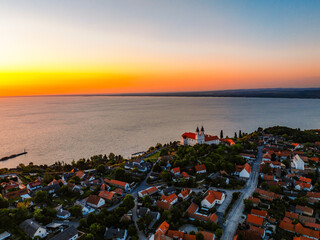 Obraz premium Tihany in Hungary. Benedictine Monastery of Tihany Abbey with Lake Balaton.