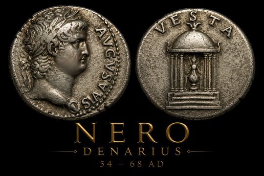 Ancient Roman Silver Denarius Coin of Emperor Nero with Temple of Vesta Reverse