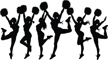 Fototapeta premium Cheerleaders silhouette group performing dynamic stunts with pom poms