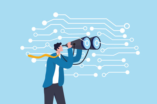 Digital innovation discovery, search or looking for new tech AI, artificial intelligence machine learning data, technology for business success, businessman look through binoculars with digital sign.