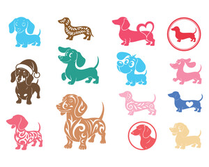 Obraz premium Seamless pattern featuring colorful Dachshund dog silhouettes and illustrations