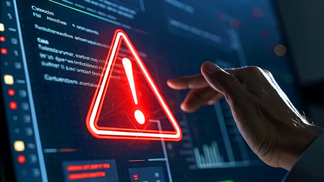 Urgent cybersecurity alert detected on computer screen, human hand interacting with critical warning notification