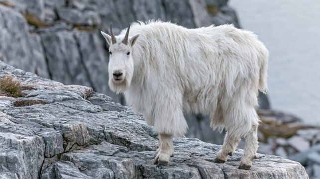 White Mountain Goat on Coastal Rocks