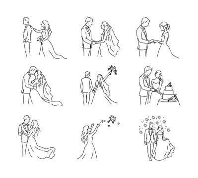 Minimalist Wedding Ceremony One Line Drawing Collection, Bride and Groom Wedding Moments Line Art Set, Elegant Continuous Line Vector Illustration