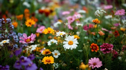 Fototapeta premium Vibrant Field of Wildflowers Blooming Under Bright Sunlight Showcasing a Colorful Variety of Petals and Green Foliage in a Picturesque Natural Setting