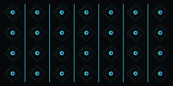 Minimalist geometric seamless pattern with glowing cyan circles and squares
